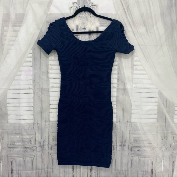Bebe Size Medium Navy Blue Bandage Dress Cut Out Sleeve Bodycon Tight Stretch - Picture 1 of 12